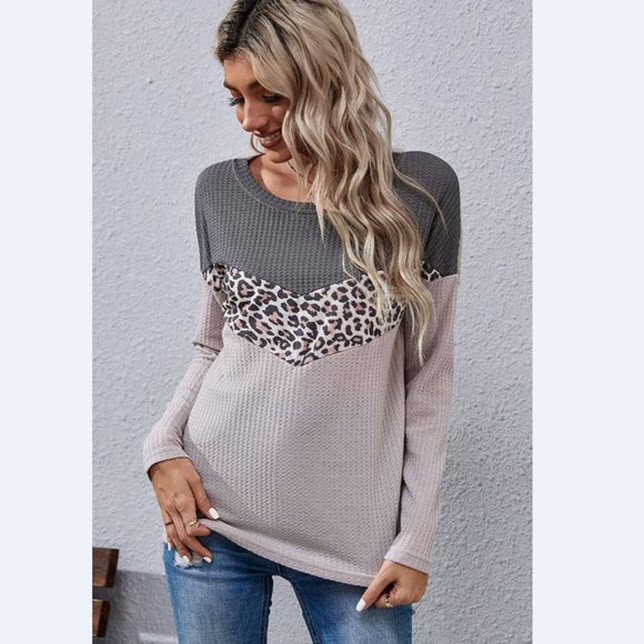 A Classy Chic Boutique Tops - Leopard Color Block Waffle-Knit Top